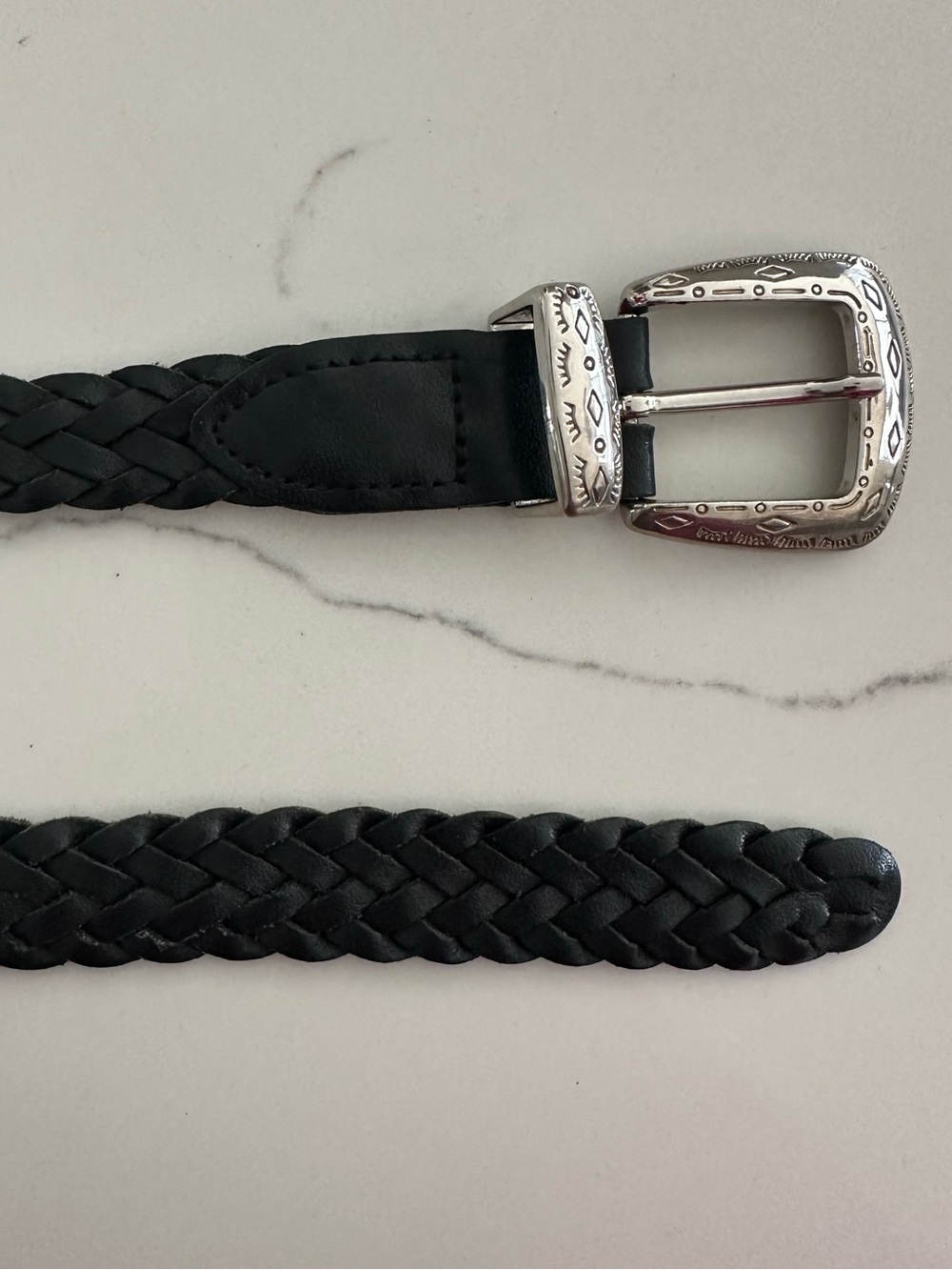 Vintage Braided Genuine Leather Belt Silver Western Engraved Buckle Black Large